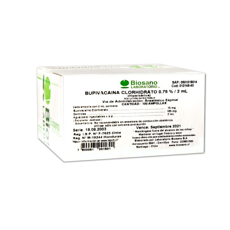 Bupivacaina Clorhidrato Hipebraica 0,75 % / 2 mL I.V.
